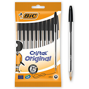 BIC® Cristal Original Stylo bille à capuchon pointe moyenne 1 mm noir - Lot de 10