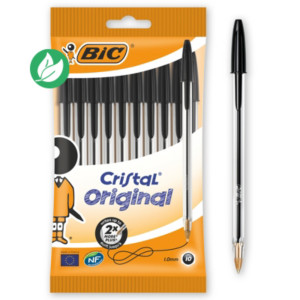 BIC® Cristal Original Stylo bille à capuchon pointe moyenne 1 mm noir - Lot de 10