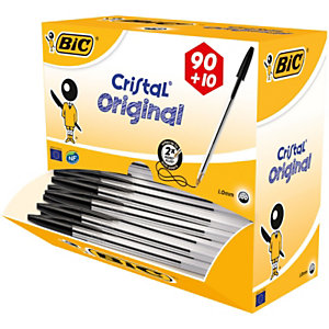 BIC® Cristal Original Stylo bille à capuchon pointe moyenne 1 mm noir - Pack Promo 90 + 10 OFFERTS
