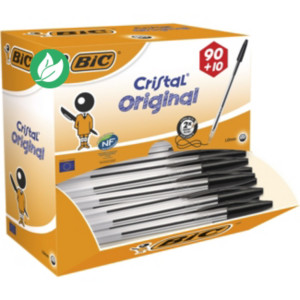 BIC Cristal Original Stylo bille à capuchon - pointe moyenne 1 mm - Noir - Pack Promo 90 + 10 OFFERTS BIC Cristal Original Stylo bille à capuchon - pointe moyenne 1 mm - Noir - Pack Promo 90 + 10 OFFERTS