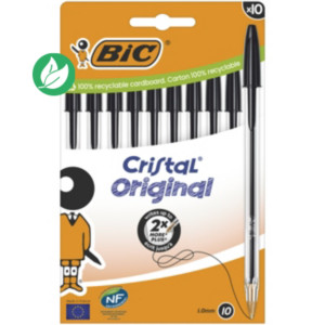 BIC Cristal Original Stylo bille à capuchon - pointe moyenne 1 mm - Noir - Pochette de 10 BIC Cristal Original Stylo bille à capuchon - pointe moyenne 1 mm - Noir - Pochette de 10