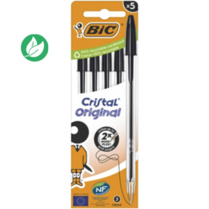 BIC Cristal Original Stylo bille à capuchon - pointe moyenne 1 mm - Noir - Pochette de 5 BIC Cristal Original Stylo bille à capuchon - pointe moyenne 1 mm - Noir - Pochette de 5