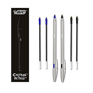 BIC Cristal Re'New Kit 2 Penne a Sfera + 4 Refill, Fusto in metallo, Colore Blu e Nero