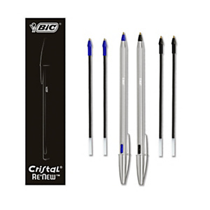 BIC Cristal Re'New Kit 2 Penne a Sfera + 4 Refill, Fusto in metallo, Colore Blu e Nero BIC Cristal Re'New Kit 2 Penne a Sfera + 4 Refill, Fusto in metallo, Colore Blu e Nero