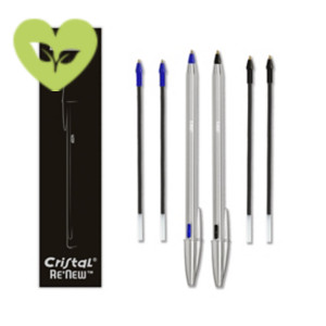 BIC Cristal Re'New Kit 2 Penne a Sfera + 4 Refill, Fusto in metallo, Colore Blu e Nero