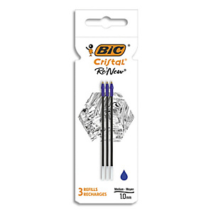 BIC Cristal Re'New Recharges pour Stylo-Bille Pointe Moyenne (1,0 mm) - Bleu, Etui Carton de 3 BIC Cristal Re'New Recharges pour Stylo-Bille Pointe Moyenne (1,0 mm) - Bleu, Etui Carton de 3