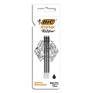 BIC Cristal Re'New Recharges pour Stylo-Bille Pointe Moyenne (1,0 mm) - Noir, Etui Carton de 3 BIC Cristal Re'New Recharges pour Stylo-Bille Pointe Moyenne (1,0 mm) - Noir, Etui Carton de 3