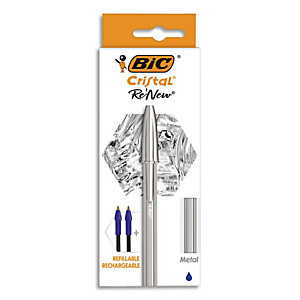 BIC Cristal Re'New Stylo-Bille Pointe Moyenne Corps Argenté + Cartouches d'Encre Rechargeables Bleu x1+2 BIC Cristal Re'New Stylo-Bille Pointe Moyenne Corps Argenté + Cartouches d'Encre Rechargeables Bleu x1+2