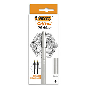 BIC Cristal Re'New Stylo-Bille Pointe Moyenne Corps Argenté + Cartouches d'Encre Rechargeables Noir x1+2 BIC Cristal Re'New Stylo-Bille Pointe Moyenne Corps Argenté + Cartouches d'Encre Rechargeables Noir x1+2