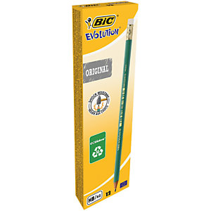 BIC® Evolution Crayon de papier avec gomme mine HB corps hexagonal vert - Boîte de 12