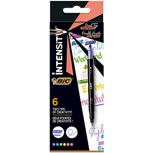 BIC® Intensity Dual tip Rotuladores de colores, doble punta, rotulador 2 en 1 Punta de marcador fluorescente + Punta fina, dos puntas, 6 colores vivos