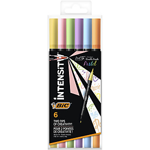 BIC® Intensity Rotuladores de colores, doble punta, rotulador 2 en 1 Punta de pincel + Punta fina, dos puntas, 6 colores pastel