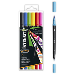 BIC® Intensity Rotuladores de colores, doble punta, rotulador 2 en 1 Punta de pincel + Punta fina, dos puntas, 6 colores vivos