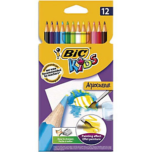 BIC KIDS Aquacouleur Crayons de Couleur Aquarellables (Effet Peinture) - Couleurs Assorties, Etui x12