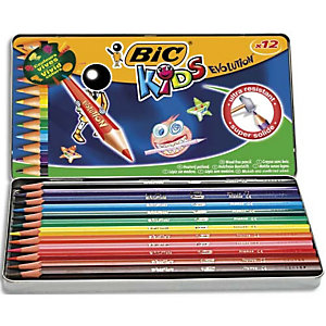 BIC KIDS Evolution ECOlutions Crayons de Couleur - Couleur Assorties, Boîte en Métal de 12