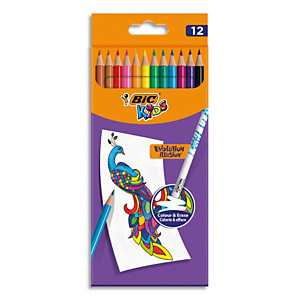 BIC KIDS Evolution Illusion Crayons de Couleur Effaçables - Couleurs Assorties, Etui Carton de 12