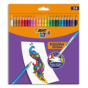 BIC KIDS Evolution Illusion Crayons de Couleur Effaçables - Couleurs Assorties, Étui Carton de 24