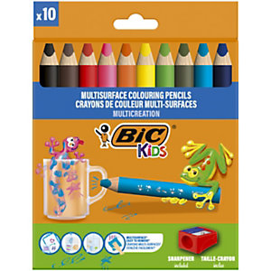 BIC® Kids Lápices Multisuperficie de colores, Cuerpo triangular, 10 colores de minas surtidos + sacapuntas, Pack de 10 lápices