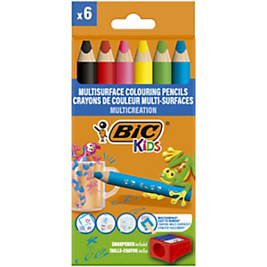 BIC® Kids Lápices Multisuperficie de colores, Cuerpo triangular, 6 colores de minas surtidos + sacapuntas, Pack de 6 lápices
