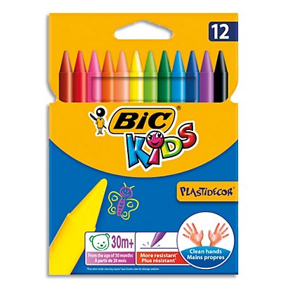 BIC Kids Plastidecor Craies de Coloriage - Couleurs Assorties, Etui Carton de 12