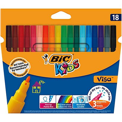 BIC® Kids Visa, Feutres de coloriage, pointe fine 0.9 mm- Pochette de 18  couleurs assorties - Crayons-Feutresfavorable à acheter dans notre magasin