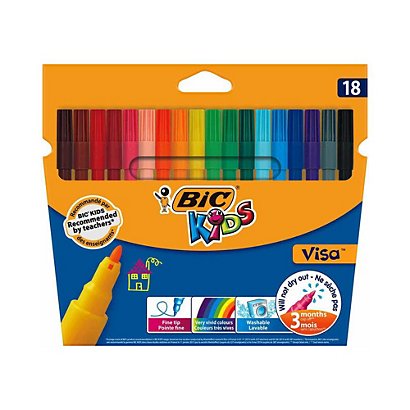 BIC® Kids Visa, Feutres de coloriage, pointe fine 0.9 mm- Pochette de 18  couleurs assorties - Stylos-rollers