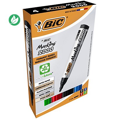 BIC® Marking 2000 ECOlutions - Marqueur permanent pointe ogive trait 1.7 mm - 4 couleurs assorties - 1