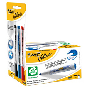 BIC® Offerta 12 Marcatori per lavagna Velleda® 1701 Ecolutions™, Blu + 3 Marcatori Velleda® Liquid Ink Pocket nei colori nero, rosso e blu compresi nel prezzo