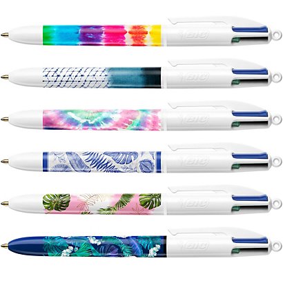 BIC® Penna a sfera 4 Colours Tie Dye e Botanical, Punta media 1 mm, 4 colori: nero, blu, rosso, verde (confezione 6 pezzi) - 1