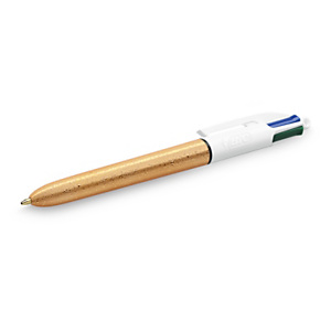 BIC® Penna a sfera a scatto 4 Colori Champagne, Punta media 1 mm, Fusto oro metallizzato con bollicine, Inchiostro in colori assortiti: nero, blu, verde, rosso BIC® Penna a sfera a scatto 4 Colori Champagne, Punta media 1 mm, Fusto oro metallizzato con bollicine, Inchiostro in colori assortiti: nero, blu, verde, rosso
