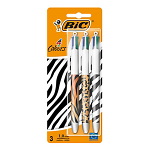 BIC® Penna a sfera a scatto 4 Colours Animalier, Punta media 1 mm, Fusto Tigre, Zebra e Ghepardo, Inchiostro 4 colori: Nero, Blu, Rosso, Verde (confezione 3 pezzi) BIC® Penna a sfera a scatto 4 Colours Animalier, Punta media 1 mm, Fusto Tigre, Zebra e Ghepardo, Inchiostro 4 colori: Nero, Blu, Rosso, Verde (confezione 3 pezzi)