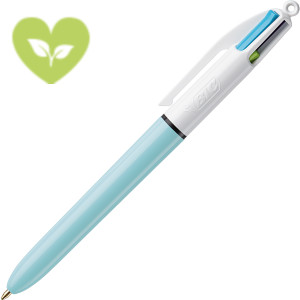 BIC® Penna a sfera a scatto 4 Colours Fun, Punta media 1 mm, Fusto azzurro pastello, 4 colori: rosa, viola, turchese, verde lime