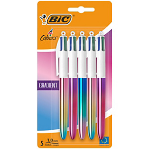 BIC® Penna a sfera a scatto 4 Colours Gradient, Punta media 1 mm, Fusto metallizzato con sfumature, 4 colori: nero, blu, rosso, verde (confezione 5 penne) BIC® Penna a sfera a scatto 4 Colours Gradient, Punta media 1 mm, Fusto metallizzato con sfumature, 4 colori: nero, blu, rosso, verde (confezione 5 penne)