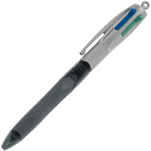 BIC® Penna a sfera a scatto 4 Colours Grip Pro, Punta media 1 mm, Fusto grigio, 4 colori: nero, blu, rosso, verde