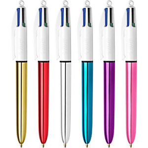 BIC® Penna a sfera a scatto 4 Colours Shine, Punta media 1 mm, Fusto effetto metallizzato in colori assortiti, 4 colori: nero, blu, rosso, verde (confezione 12 pezzi)