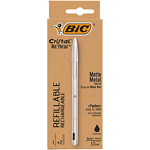 BIC® Penna a sfera Stick Cristal ReNew, Punta media 1 mm, Fusto in metallo opaco, Inchiostro Nero