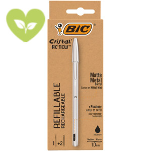BIC® Penna a sfera Stick Cristal ReNew, Punta media 1 mm, Fusto in metallo opaco, Inchiostro Nero