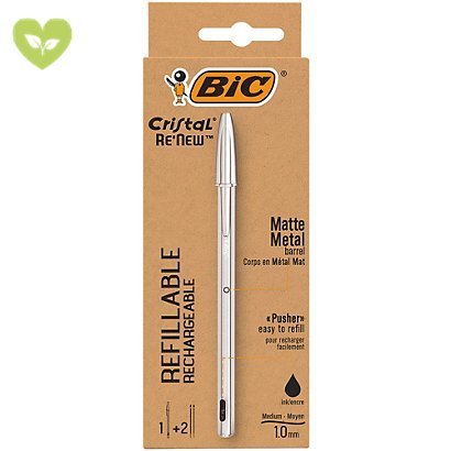 BIC® Penna a sfera Stick Cristal ReNew, Punta media 1 mm, Fusto in metallo opaco, Inchiostro Nero - 1
