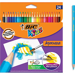 BIC Pochette 24 crayons de couleur aquarellable AQUACOULEUR. Corps 17,5cm. Coloris assortis