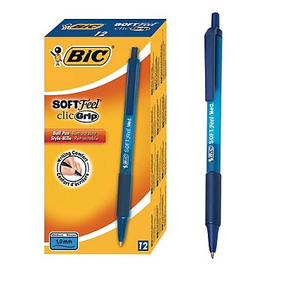 BIC® SoftFeel Clic Grip Stylo bille rétractable pointe moyenne 1 mm bleu - lot de 12