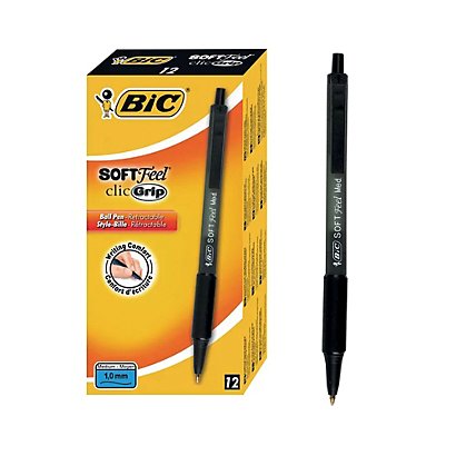BIC® SoftFeel Clic Grip - Stylo bille rétractable pointe moyenne 1 mm - Noir - lot de 12