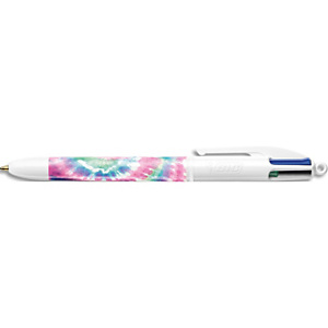 BIC Stylo bille rétractable 4 Couleurs. Corps décoré d'un design Tie & Dye rose, bleu violet et blanc BIC Stylo bille rétractable 4 Couleurs. Corps décoré d'un design Tie & Dye rose, bleu violet et blanc