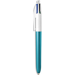 BIC Stylo bille rétractable 4 couleurs. Pointe Moyenne (1,0 mm). Décor effet bleu glacé