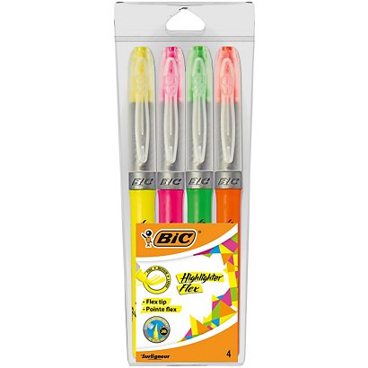 BIC® surligneur Highlighter Flex, pointe pinceau de 1 à 4.3 mm -4 couleurs assorties