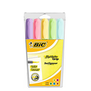 Bic surligneur Highlighter Grip pastel - pochette de 5 couleurs assorties