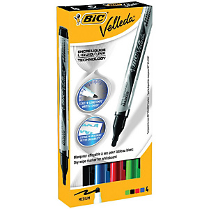 BIC® Velleda® Marcatore per lavagna a inchiostro liquido, Punta tonda media da 4,2 mm, Spessore tratto 2,2 mm, Colori assortiti (Nero, Blu, Rosso, Verde), Confezione da 4