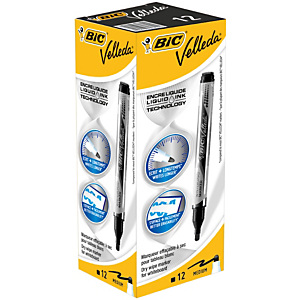 BIC® Velleda® Marcatore per lavagna a inchiostro liquido, Punta tonda media da 4,2 mm, Spessore tratto 2,2 mm, Nero, Confezione da 12