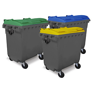 Bidone raccolta differenziata 4 ruote con coperchio colorato capacità 770 litri Bidone raccolta differenziata 4 ruote con coperchio colorato capacità 770 litri