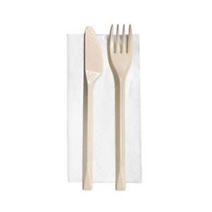 Bis posate monouso con tovagliolo 1 velo, Forchetta e coltello in biopolimero, Bianco (confezione 800 pezzi) Bis posate monouso con tovagliolo 1 velo, Forchetta e coltello in biopolimero, Bianco (confezione 800 pezzi)