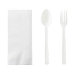 Bis posate monouso con tovagliolo 1 velo, Forchetta e cucchiaio in PS, Bianco (confezione 800 pezzi) Bis posate monouso con tovagliolo 1 velo, Forchetta e cucchiaio in PS, Bianco (confezione 800 pezzi)